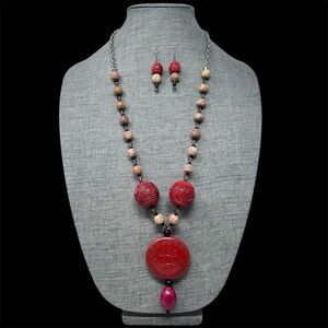 Chinese Carved Cinnabar & Stone Beaded Necklace Earrings Set Signed Unica